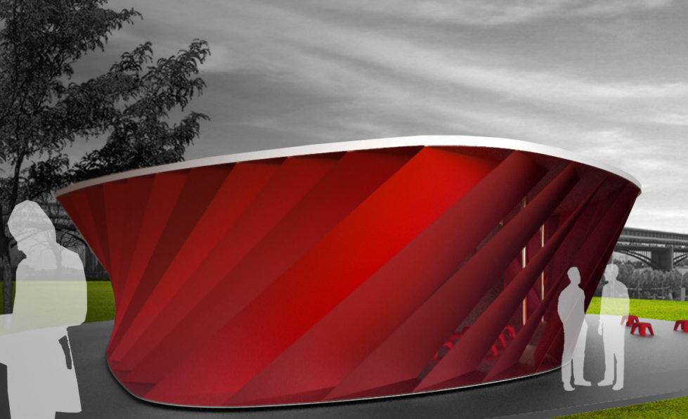 AQSO woven stand, exterior, pavilion, stretch fabric, gill shape, overlapped, red cloth, temporary architecure