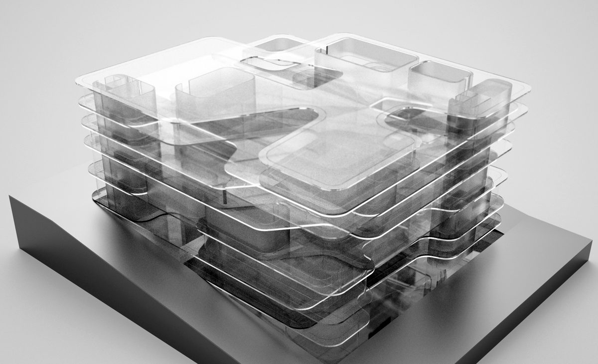 AQSO arquitectos office. Conceptual model of the House of Arts, a public cultural building dedicated to music and art. Physical model or mock-up made in methacrylate with rounded shapes.