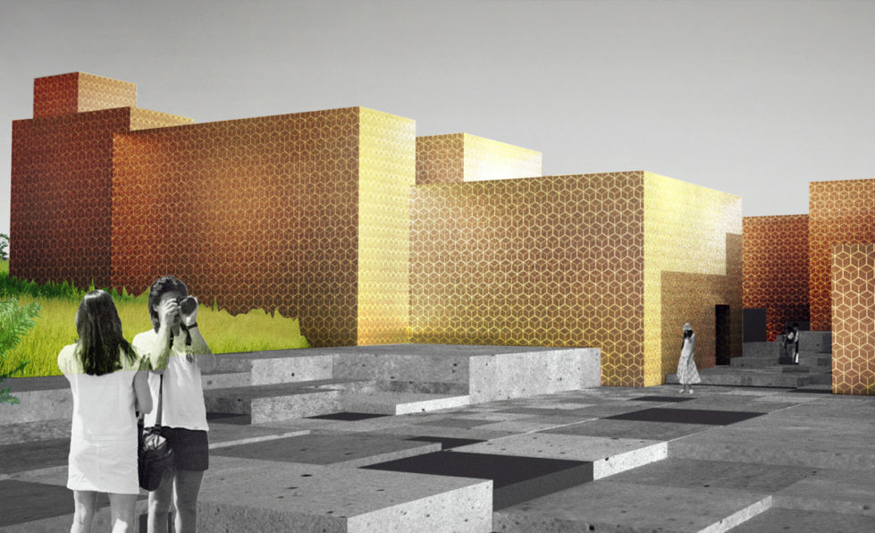 AQSO cubic fractal museum, bright facade, tiles, cubo, ceramic, pattern, boxy, entrance, maze, golden, concrete