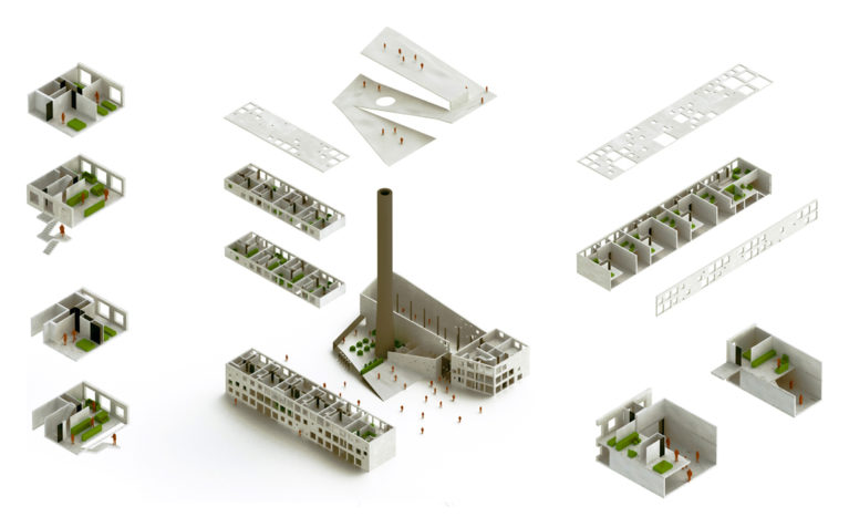 AQSO arquitectos office. Este diagrama conceptual es una vista axonométrica explotada donde se ven los apartamentos, la sala de exposiciones y la cubierta de la antigua caldera.