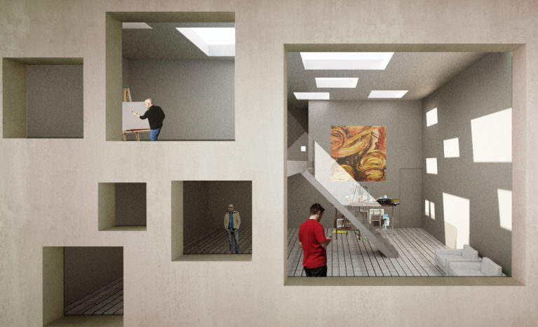 AQSO arquitectos office. Diseño conceptual de los estudios para artistas. Cada estudio cuenta con un espacio de doble altura que sirve como taller de pintura. La fachada tiene ventanas de diferentes tamaños.