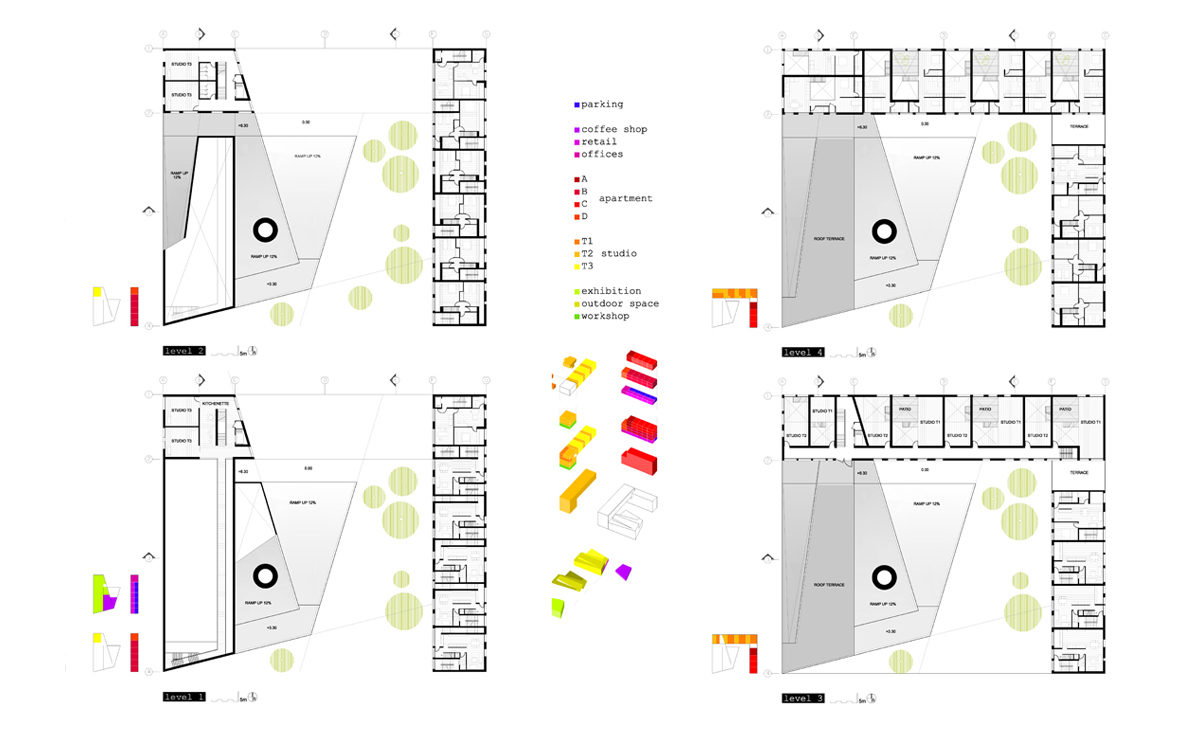 AQSO arquitectos office. The floor plans of this cultural building show the car park, cafeteria, shops, offices, flats, artists' studios and the exhibition hall.