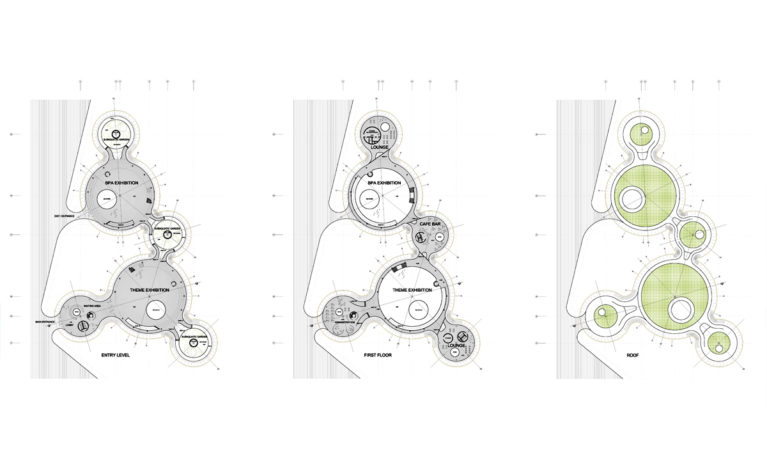 AQSO arquitectos office. Wavescape pavilion, general plans, water molecule, layout. The building consists of two main circular pavilions connected to four secondary pavilions