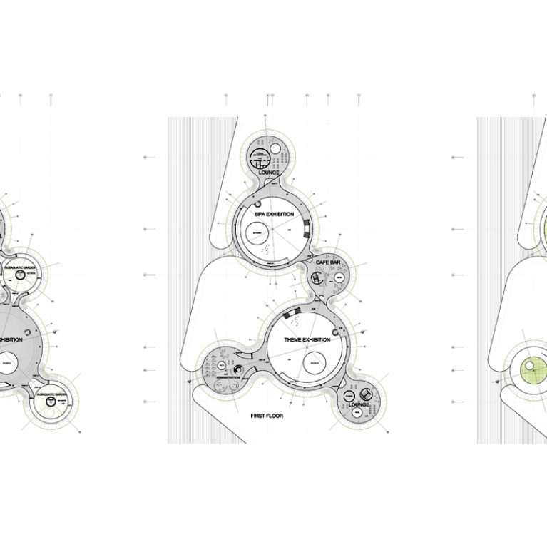 AQSO arquitectos office. Wavescape pavilion, general plans, water molecule, layout. The building consists of two main circular pavilions connected to four secondary pavilions