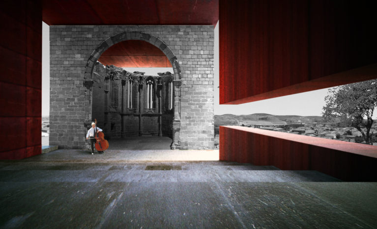 AQSO arquitectos office. Atienza music hall, nave, auditorium, apse, landscape, corten steel, quiet, viewpoint, remains