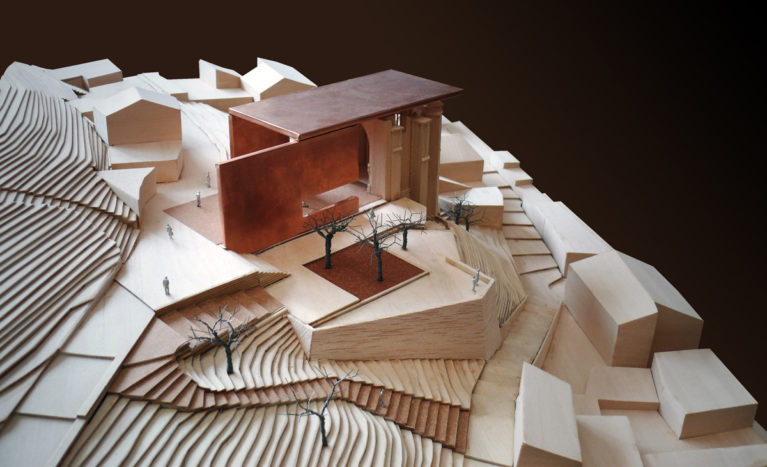 AQSO Atienza music hall, physical model made in balsa wood or basswood, contour lines, 3D terrain, wire trees, copper