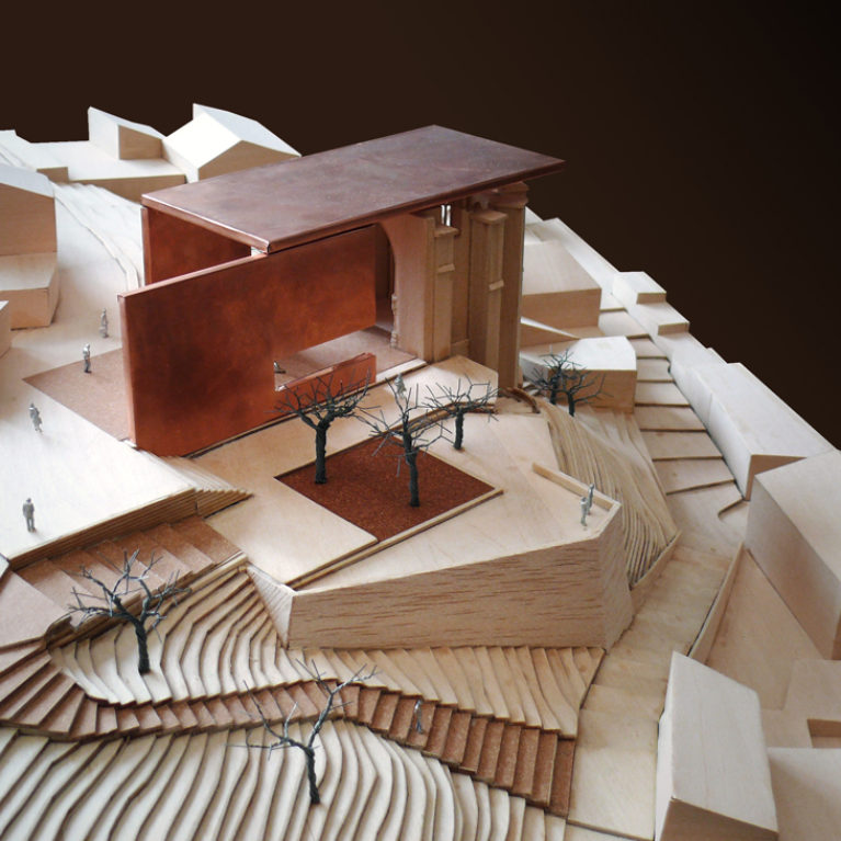 AQSO Atienza music hall, physical model made in balsa wood or basswood, contour lines, 3D terrain, wire trees, copper