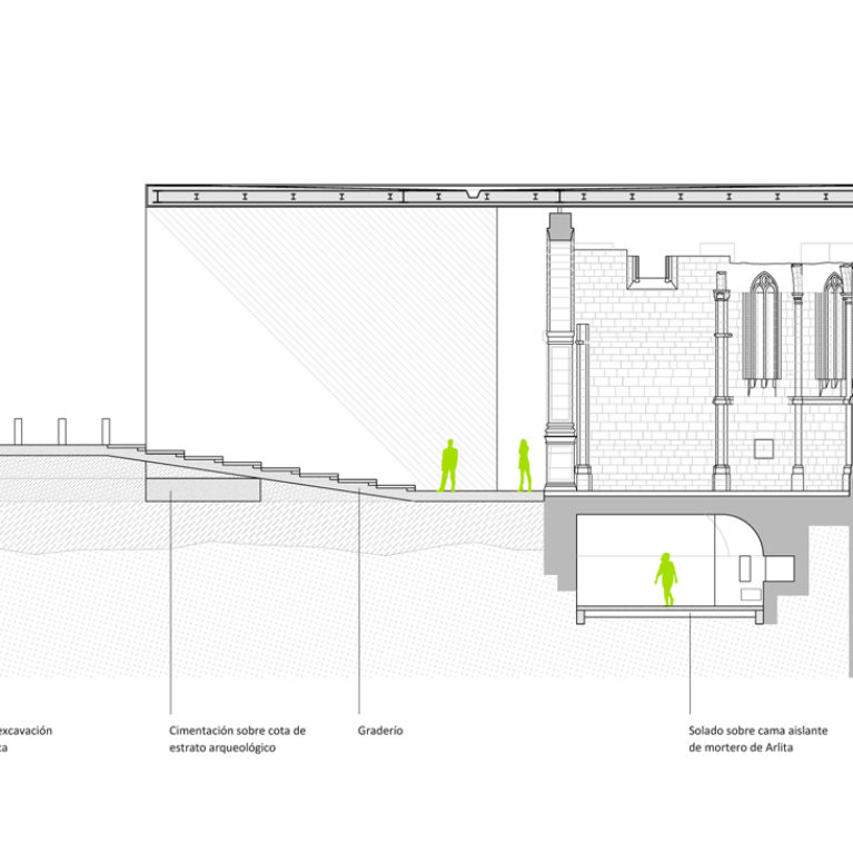 AQSO arquitectos office, Atienza music hall, Church remains, section, basement, crypt foundation