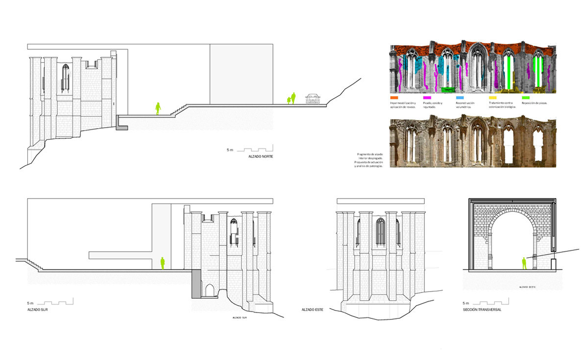 AQSO arquitectos office, Atienza music hall, restoration, plans, sections, elevations, pathology analysis