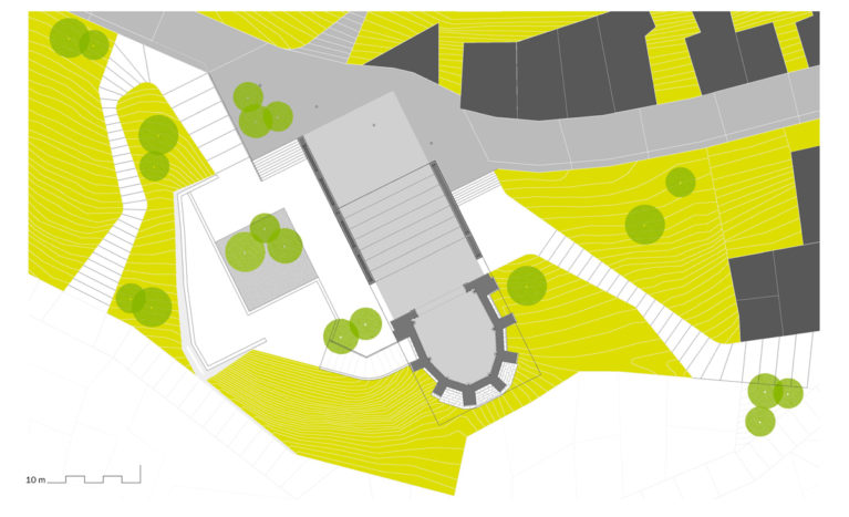 AQSO aquitectos office. Atienza music hall, site plan and landscape design, including new pathways with steps, a garden a trees