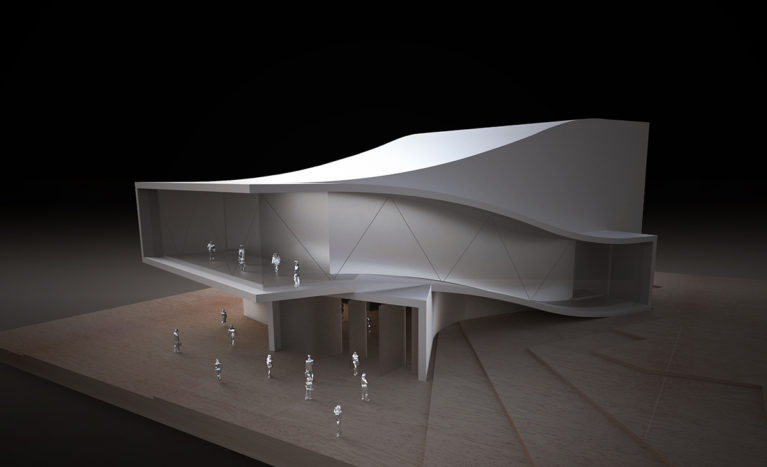 AQSO arquitectos office. Maqueta del auditorio con la cubierta curvada. Está hecha de madera y alumino, con un diseño futurista y orgánico.