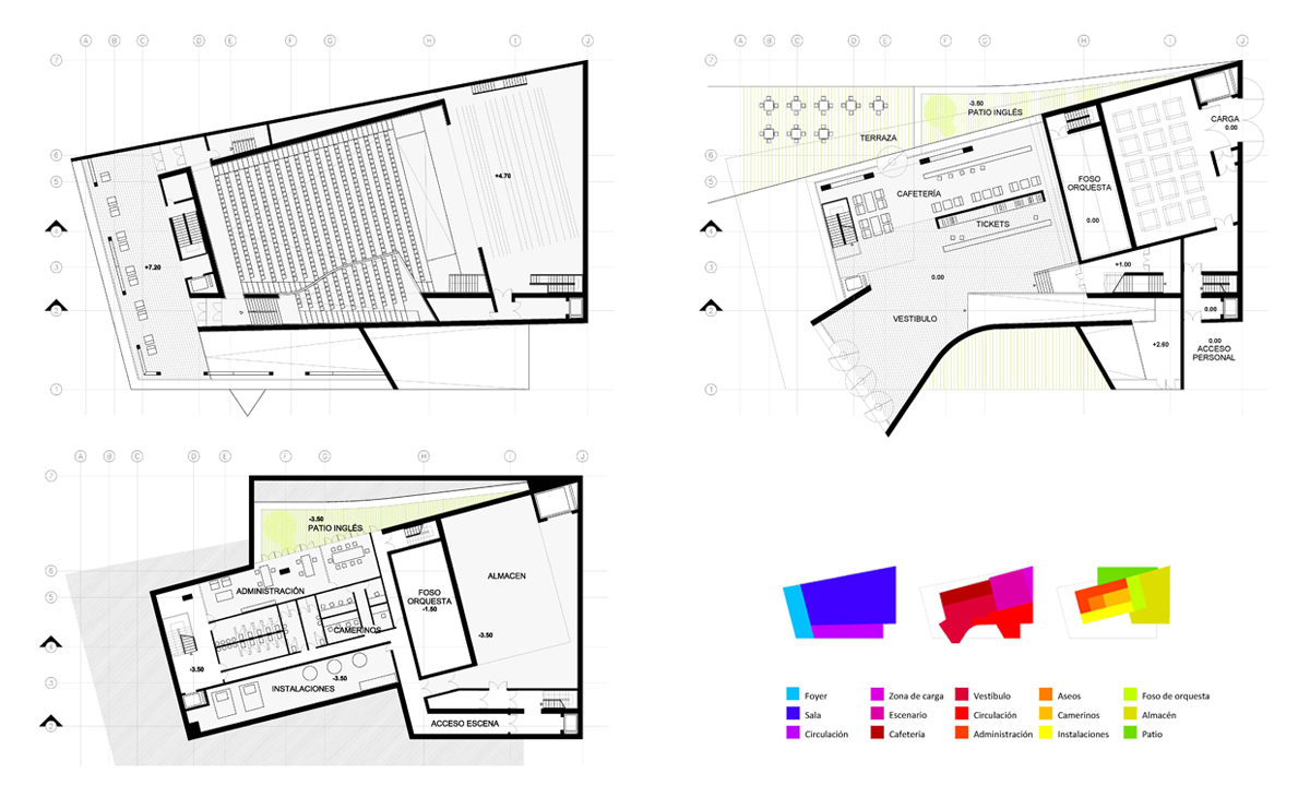 AQSO arquitectos office. The floor plan of the auditorium shows the access points, the loading area, the stage, the main foyer, the cafeteria, an administrative area and the orchestra pit in the basement.