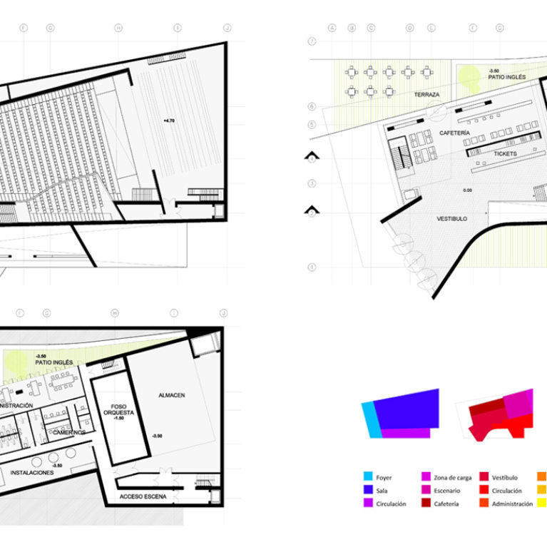AQSO arquitectos office. The floor plan of the auditorium shows the access points, the loading area, the stage, the main foyer, the cafeteria, an administrative area and the orchestra pit in the basement.