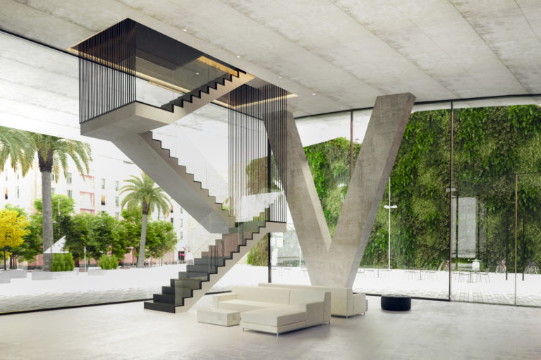 AQSO arquitectos office. Suspended staircase, waiting area, glazing, structural v column, suspended concrete slab, metal cable, concrete floor, foyer, auditorium lobby, vertical garden
