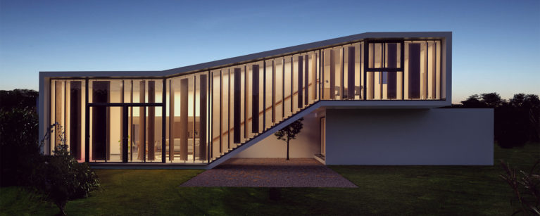 AQSO casa Burke, fachada con lamas, vista nocturna, atardecer, interior cálido, casa patio, hormigón blanco, diseño moderno, fachada acristalada