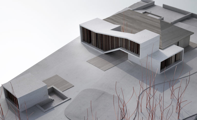 AQSO arquitectos office, maqueta arquitectónica a escala de la casa Burke, mostrando la extensión y el diseño del paisaje