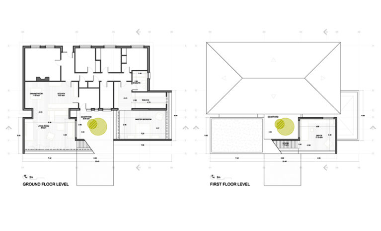 AQSO arquitectos office, Burke house, drawings, construction, dimensions, distribution plans, roof plan