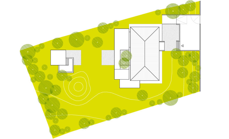 AQSO arquitectos office. Burke house. Planta de situación de la vivienda y la ampliación hacia el oeste. La puerta de entrada, la casa y el pabellón con jacuzzi.