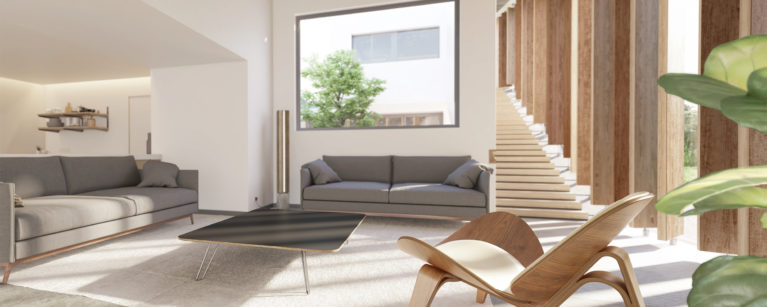 AQSO Burke house living room, timber louvers, grey sofas, modern interior, open kitchen, sunlight, big glazing, residential, courtyard house, lounge area