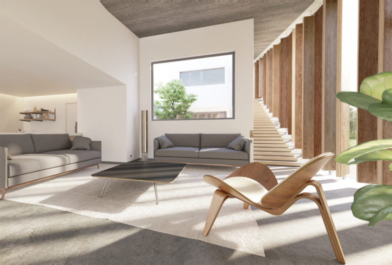 AQSO Burke house living room, timber louvers, grey sofas, modern interior, open kitchen, sunlight, big glazing, residential, courtyard house, lounge area