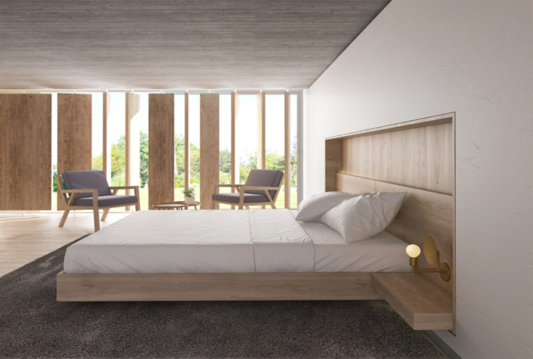 AQSO Burke house wooden floor concrete ceiling recessed headboard, bedhead, master bedroom, timber bed, seating area, louvers