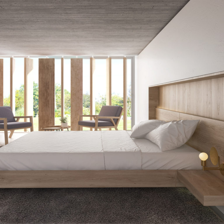 AQSO Burke house wooden floor concrete ceiling recessed headboard, bedhead, master bedroom, timber bed, seating area, louvers