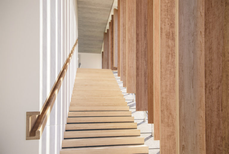 AQSO arquitectos office, Burke house, staircase, glazed facade, integrated and recessed handrail, timber louvers, rotating blades, concrete ceiling