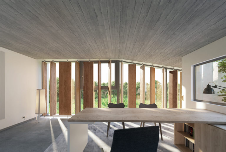 AQSO arquitectos office, Burke house, office space, study with views, working desk, courtyard, wooden blades, privacy, sun control, polished concrete floor