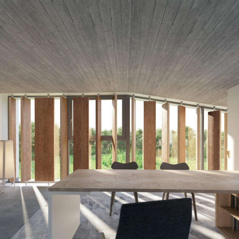 AQSO arquitectos office, Burke house, office space, study with views, working desk, courtyard, wooden blades, privacy, sun control, polished concrete floor