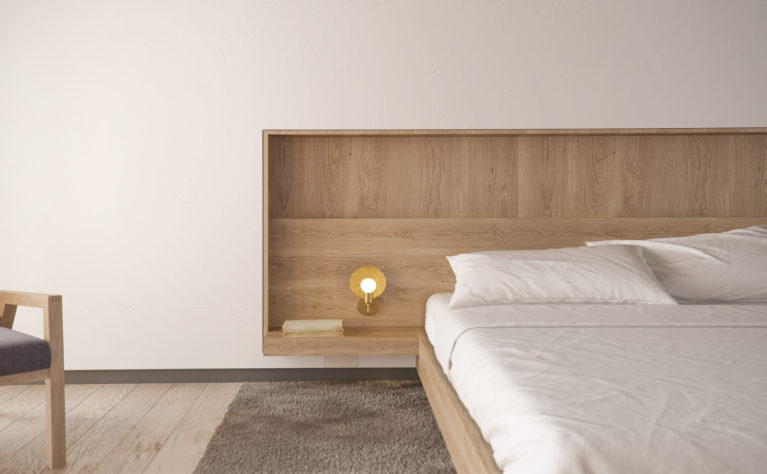 AQSO arquitectos office, Burke house, bedroom, integrated bedhead, timber fixed furniture, oak side bed, light fitting, grey rug indirect illumination, interior design