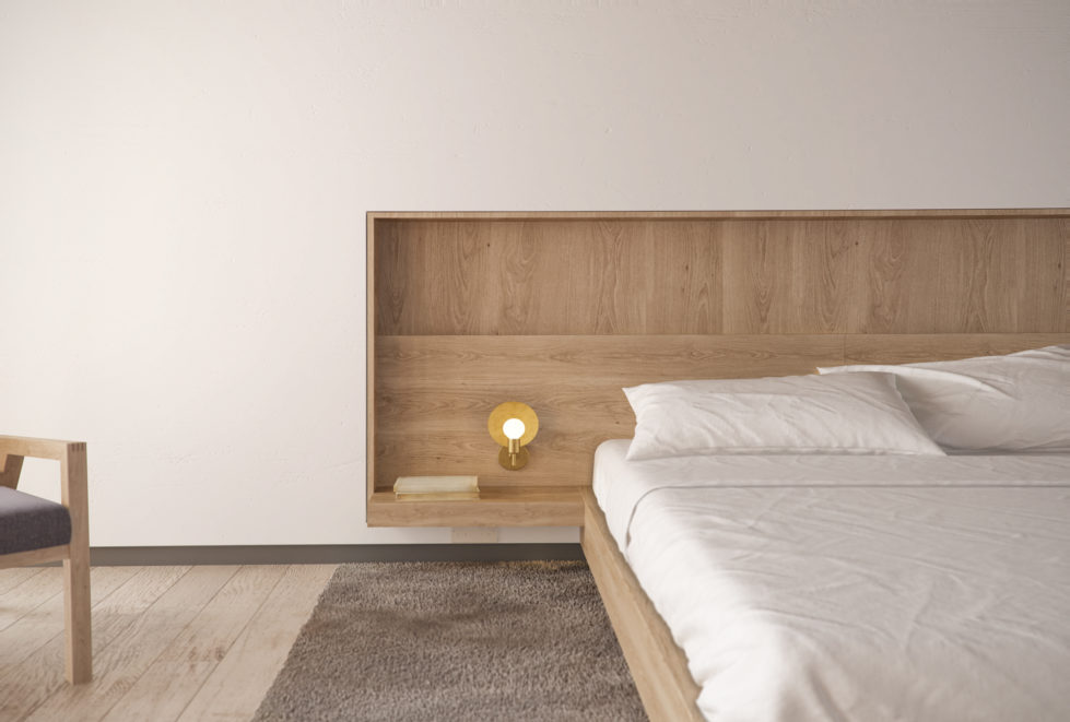 AQSO arquitectos office, Burke house, bedroom, integrated bedhead, timber fixed furniture, oak side bed, light fitting, grey rug indirect illumination, interior design