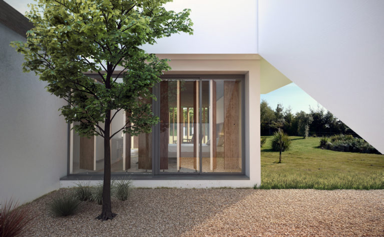 AQSO arquitectos office, Burke house, courtyard, evergreen tree, gravel, sliding window, wooden louvers, green landscape, white rendered wall, modern design, transparency