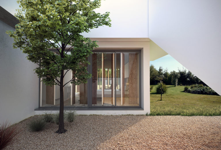 AQSO arquitectos office, Burke house, courtyard, evergreen tree, gravel, sliding window, wooden louvers, green landscape, white rendered wall, modern design, transparency