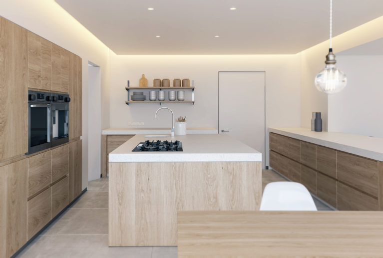 AQSO arquitectos office, Burke house, open kitchen, integrated fridge, kitchen island, recessed hood, minimal design, recessed lighting, downlights, corian countertop, silestone