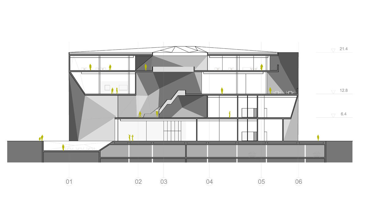 AQSO arquitectos office. La sección del museo permite apreciar el atrio central de la planta primera, cubierto por el lucernario y las diferentes salas de exposiciones.