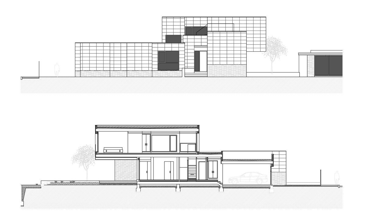 AQSO arquitectos office. El alzado y la sección de la vivienda muestran su forma contemporánea con cubierta plana y volúmenes superpuestos en altura.