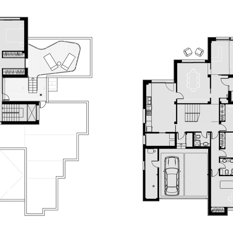 AQSO arquitectos office. La planta baja de la casa cuenta con el salón, la cocina, una oficina y dos dormitorios. En la planta superior está el dormitorio principal y el solarium.