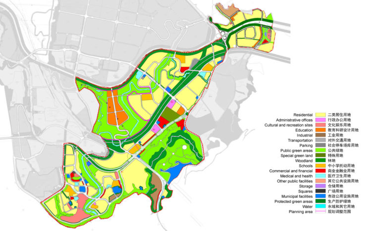 AQSO arquitectos office, tangjiatuo planning, land use and districts, residential, offices, recreation sites, education, industrial use, commercial financial district, municipal facilities, protection levels, woodland