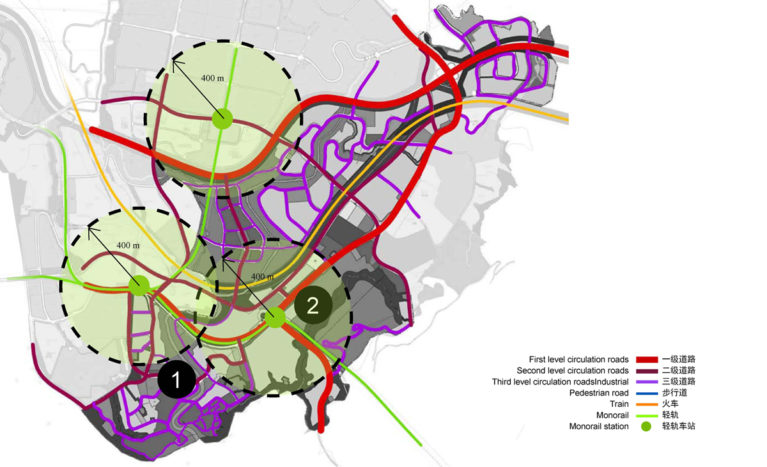 AQSO arquitectos office, tangjiatuo planeamiento, mobilidad urbana, sistema de transporte, jerarquía de viario, estaciones de monorail, radio de cobertura, nivel de circulación, zona de alcance, área de influencia, parada de metro, catalizador, mapa de calor, incremento de valor, diagrama, desplazamiento, arquitectos urbanistas