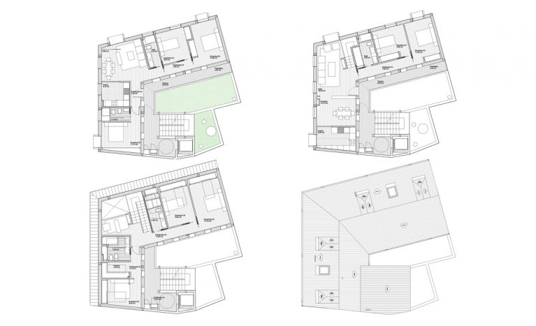 AQSO arquitectos office, maragato lofts, planos de distribución que incluyen el loft, los apartamentos, un local comercial y el patio con la escalera exterior