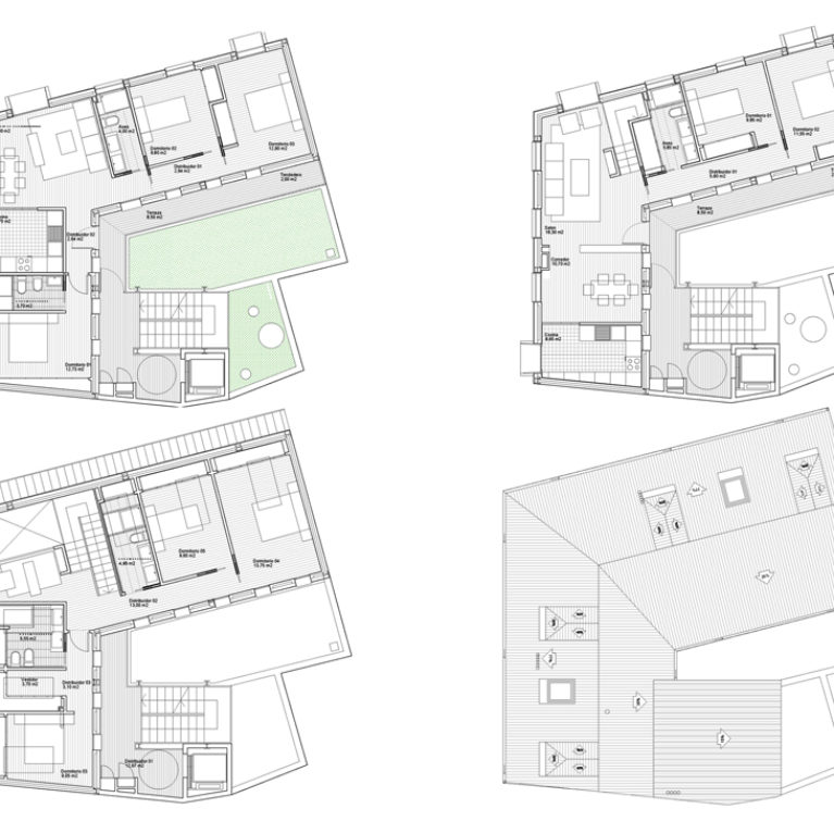 AQSO arquitectos office, maragato lofts, floor plans including the top floor loft, the apartments, the retail unit on the ground floor and the outdoor staircase in the courtyard