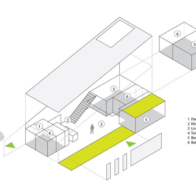 AQSO arquitectos office. Diagrama funcional de la vivienda. Axonometría explotada que muestra la forma, los usos, accesos y funciones de la casa.