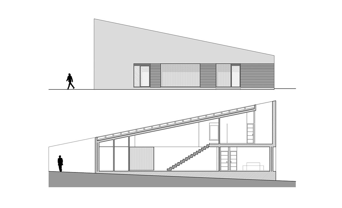 AQSO arquitectos office. El alzado frontal de la vivienda y su sección longitudinal, donde se aprecia el amplio salón de doble altura y los dormitorios.