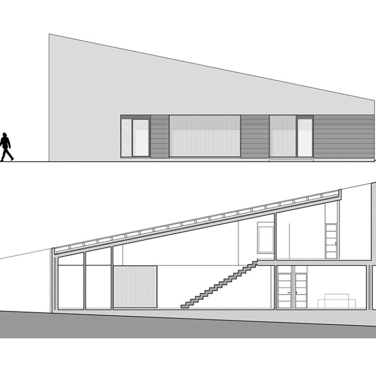 AQSO arquitectos office. El alzado frontal de la vivienda y su sección longitudinal, donde se aprecia el amplio salón de doble altura y los dormitorios.