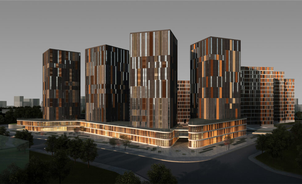 AQSO arquitectos office. Las torres de oficinas tienen un diseño de fachada comtemporáneo que parece un tapiz de piedra y madera.