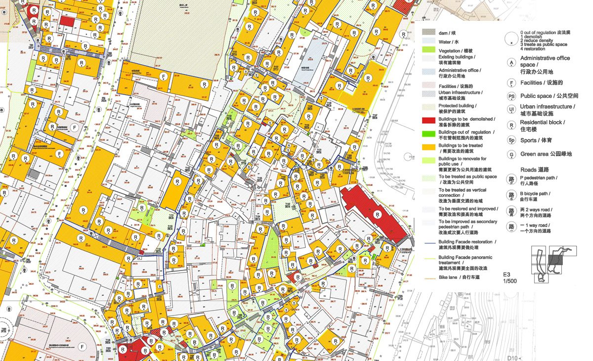 AQSO arquitectos office. Urban plan showing assigning different levels of protection to buildings in a conservation area. Urban planning document showing listed buildings and land use.