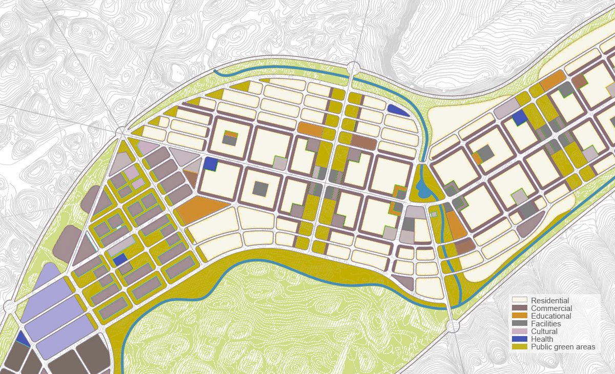 AQSO arquitectos office. Plano de ordenación urbana del distrito de Dianshui. Esta es una zona de expansión de la ciudad con un tejido urbano diverso y sostenible.