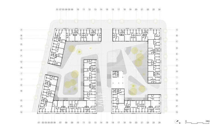 AQSO arquitectos office. Planta de desarrollo donde se muestra la distribución de unidades residenciales a lo largo del bloque de viviendas.