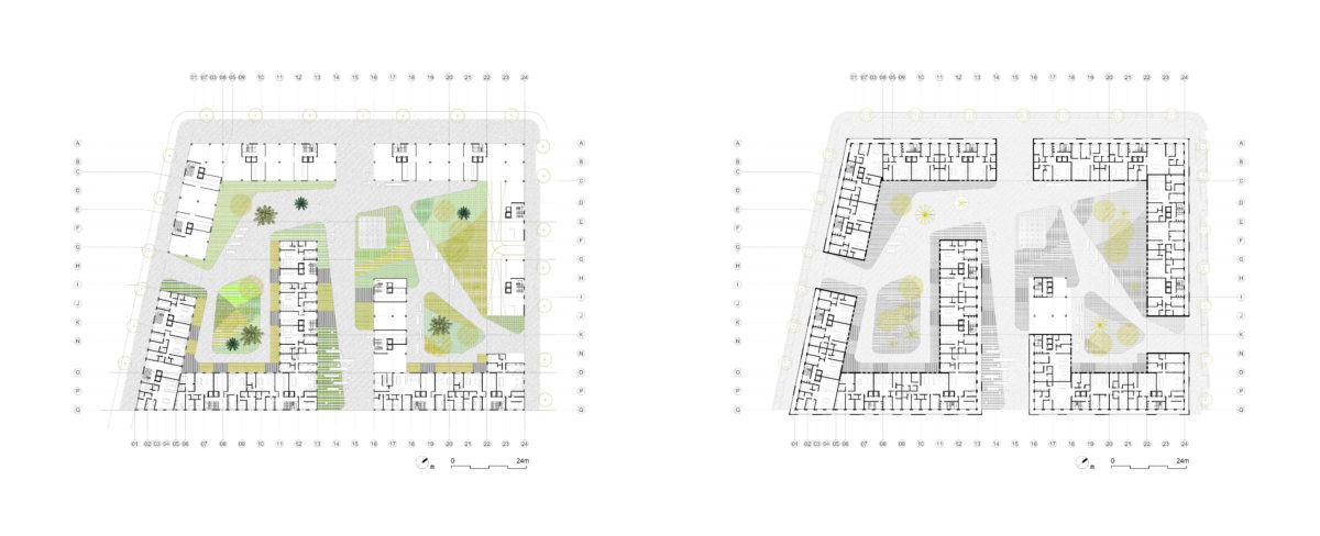 AQSO arquitectos office, anfa residential ground floor plan with landscape, pavements and water pond on the left and typical floor plan with apartments layout on the right