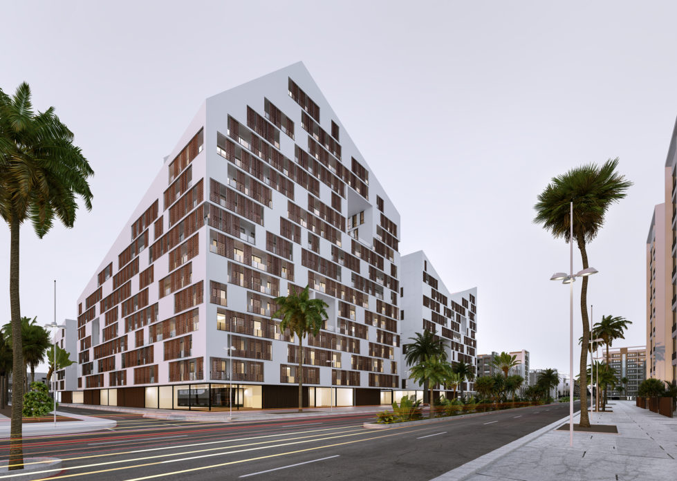 AQSO arquitectos office, anfa residential night view from the main boulevard, the iconic zig-zag skyline is seen with the morning light. The memorable architectural design stands out from the rest of the district